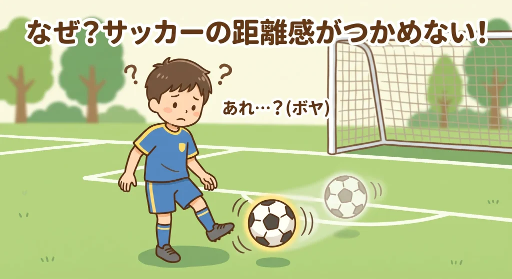 サッカーグラウンドで、飛んできたボールの目測を誤りトラップミスをして困惑している男の子のイラスト。頭上に「?」マーク、ボールの周りに二重の見え方を表すエフェクトが描かれた「距離感がつかめない」図解。