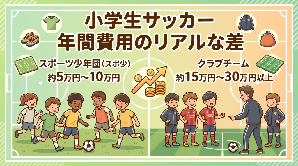小学生サッカーの年間費用比較イラスト。左側にスポーツ少年団（スポ少）の費用目安（約5万円〜10万円）、右側にクラブチームの費用目安（約15万円〜30万円以上）を配置し、中央の天秤で費用の差を視覚的に表現。