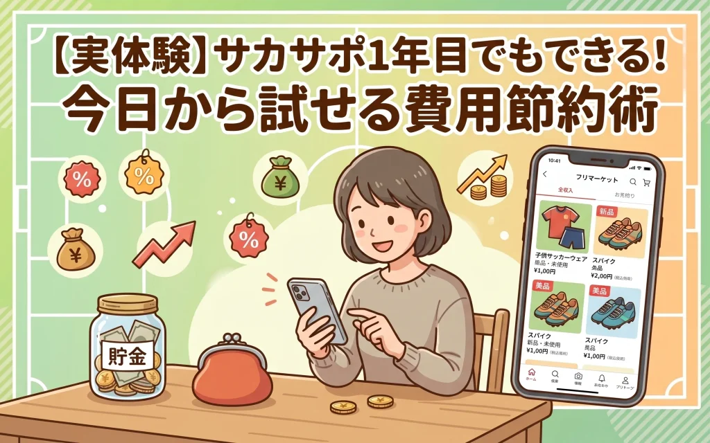 スマートフォンのフリマアプリで子供のサッカー用品を探す母親のイラスト。「サカサポ1年目でもできる！今日から試せる費用節約術」の文字と貯金箱・がま口財布の図解。