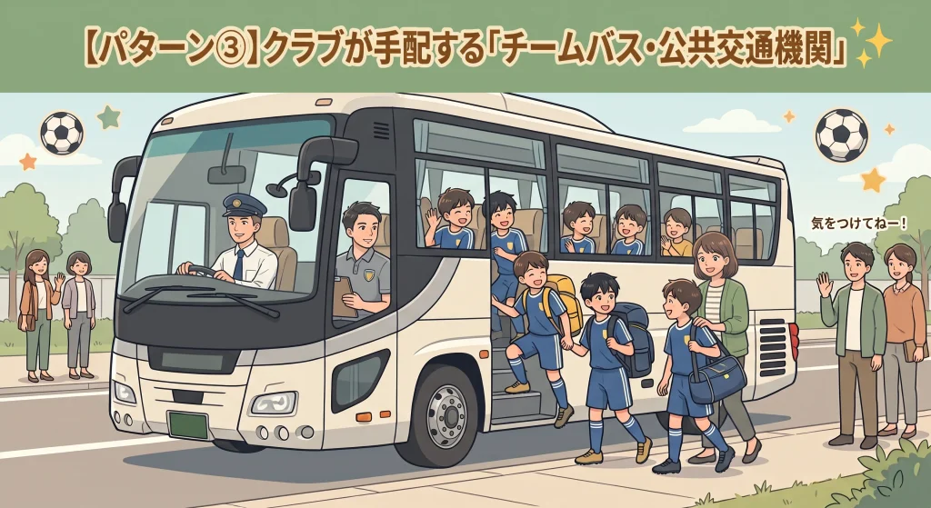 「パターン③ クラブが手配する『チームバス・公共交通機関』」の文字。大きなリュックを背負ったサッカー選手たちがチームバスに乗り込み、車内の選手たちと外で見送る若い母親が手を振り合うイラスト。