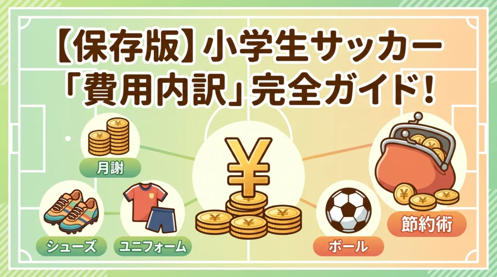 小学生サッカーの年間費用内訳ガイドのアイキャッチ画像。月謝・シューズ・ユニフォーム・ボール・節約術のアイコンと「費用内訳完全ガイド!」の文字。
