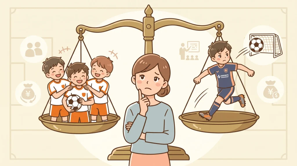 天秤にかけられた「友達と楽しそうなスポ少の子どもたち」と「シュートを決めるクラブチームの選手」を見て、どちらか悩む母親のイラスト
