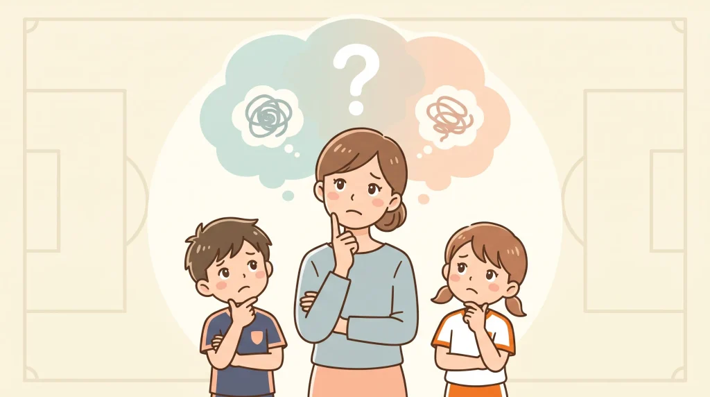 クラブチームとスポーツ少年団のどちらに入るか悩む母親と子どもたちのイラスト