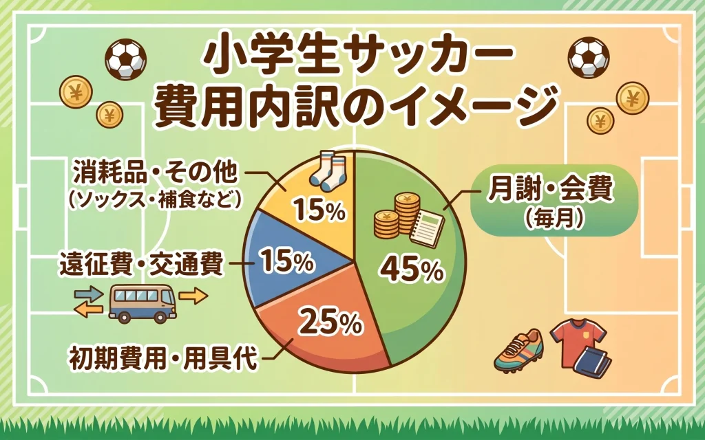 小学生サッカーの年間費用内訳を表す円グラフのイラスト。月謝・会費が45%、初期費用・用具代が25%、遠征費・交通費が15%、消耗品・その他が15%の割合で示された図解。