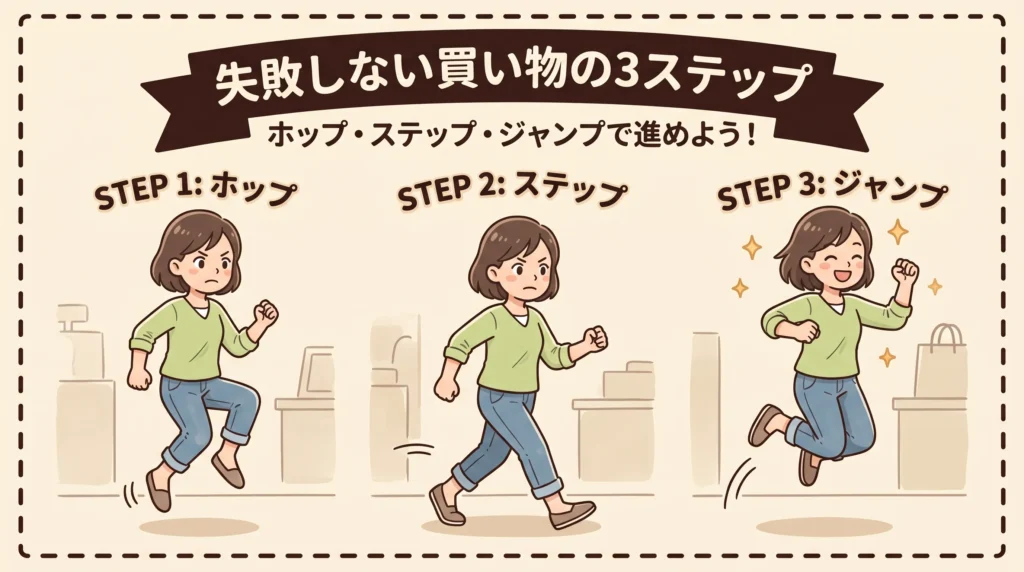 「失敗しない買い物の3ステップ」のタイトルとともに、お母さんがSTEP 1のホップ、STEP 2のステップ、STEP 3のジャンプと段階を踏んで笑顔でステップアップしていくイラスト。