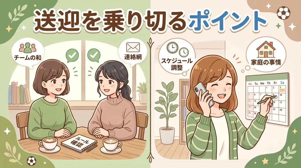 「送迎を乗り切るポイント」の文字。左側にカフェでルール確認の打ち合わせをする若い母親たち、右側にカレンダーを見ながらスマホでスケジュール調整をする若い母親を描いた分割イラスト。
