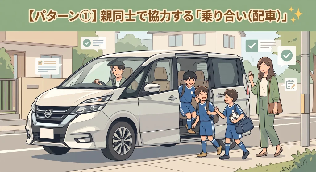 「パターン① 親同士で協力する『乗り合い(配車)』」の文字。朝の住宅街で、若い母親が笑顔で見送る中、サッカーキッズたちが若い父親の運転するミニバンに乗り込むイラスト。