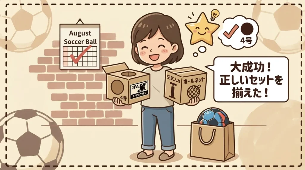 「大成功!正しいセットを揃えた!」という吹き出しと共に、笑顔のママが「JFA Approved(JFA検定球マーク)」の付いた4号サッカーボールと「空気入れ」「ボールネット」の箱を嬉しそうに持っているイラスト。壁のカレンダーには「サッカーボール(Soccer Ball)」の項目にチェックが入り、正しい買い物でサカサポの準備が完了した様子を示している。背景は柔らかいクリーム色の手描き風デザイン。
