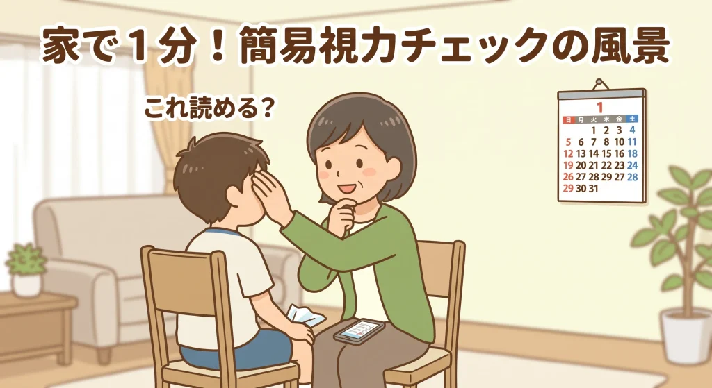 リビングで子供の片目を優しく隠し、壁のカレンダーの文字が読めるか簡易チェックを行う親子のイラスト。「家で1分!簡易視力チェックの風景」の図解。