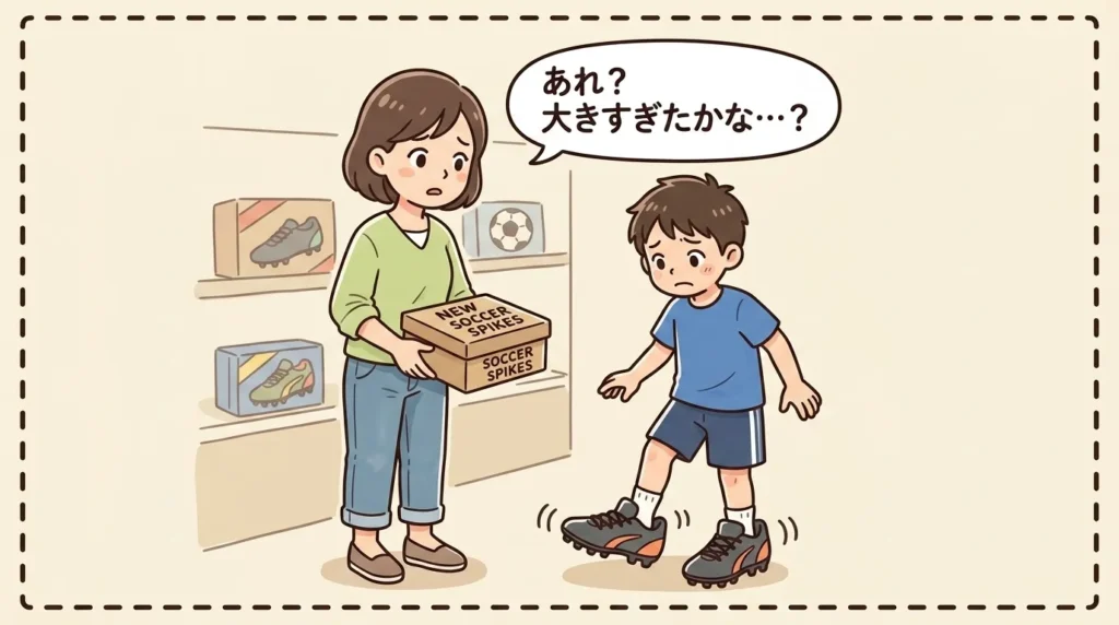 スポーツ用品店で、母親が困惑した表情で「あれ?大きすぎたかな…?」と言いながら、ぶかぶかの新しいサッカースパイクを履いてバランスを崩している少年の様子を見つめているイラスト。背景にはサッカーボールやシューズの箱が並んでいる。