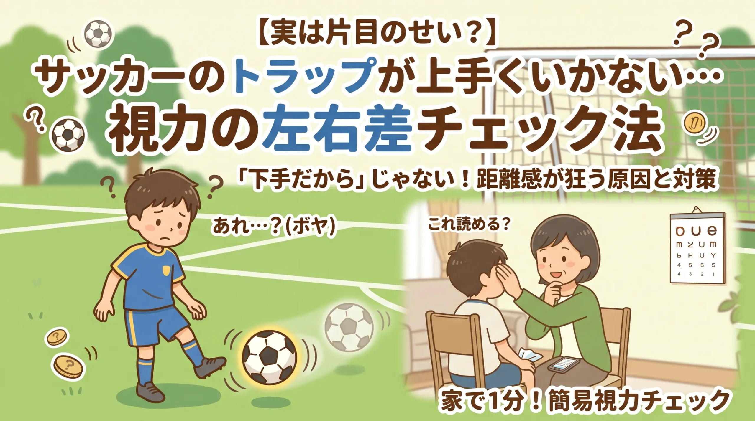 「サッカーのトラップが上手くいかない…視力の左右差チェック法」のタイトル文字。トラップミスをして困惑するサッカー少年と、自宅で片目を隠して簡易視力チェックを行う親子のイラストが描かれたアイキャッチ画像。