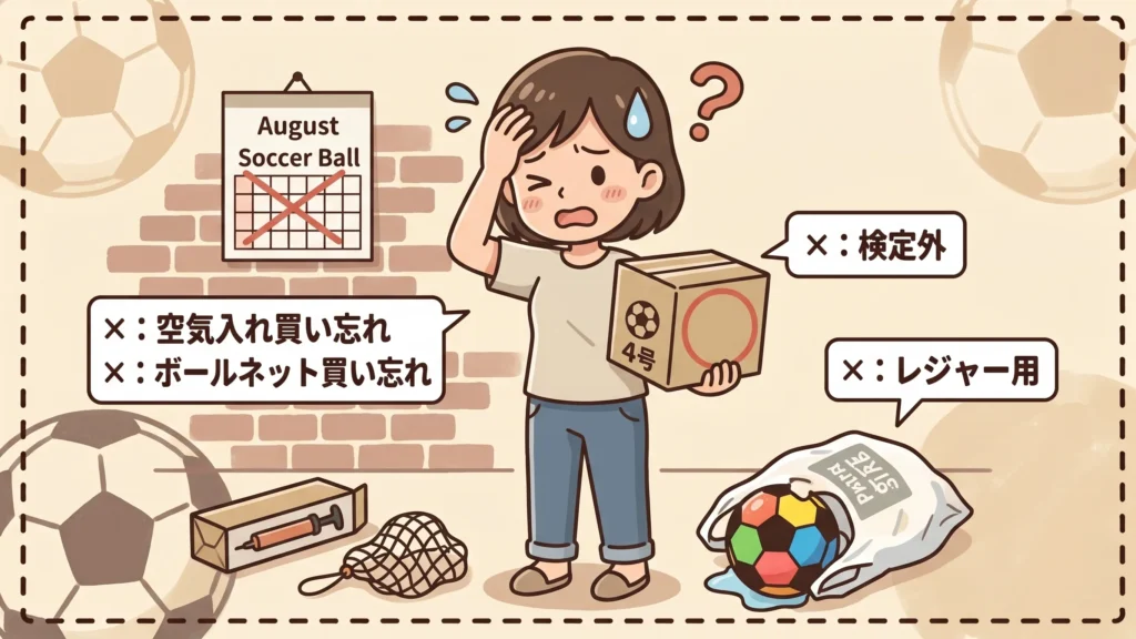 「お母さんが頭に手を当て、困惑と落胆の表情で、買ったばかりの商品を見つめている図解イラスト。左側にはJFAマークがない『規格外ボール(4号)』が入った箱、右側には派手で柔らかすぎる『レジャー用おもちゃボール』があり、本格的な練習用ボールを選べなかった失敗例を視覚的に示している。背景は柔らかいクリーム色の手描き風デザイン。」
