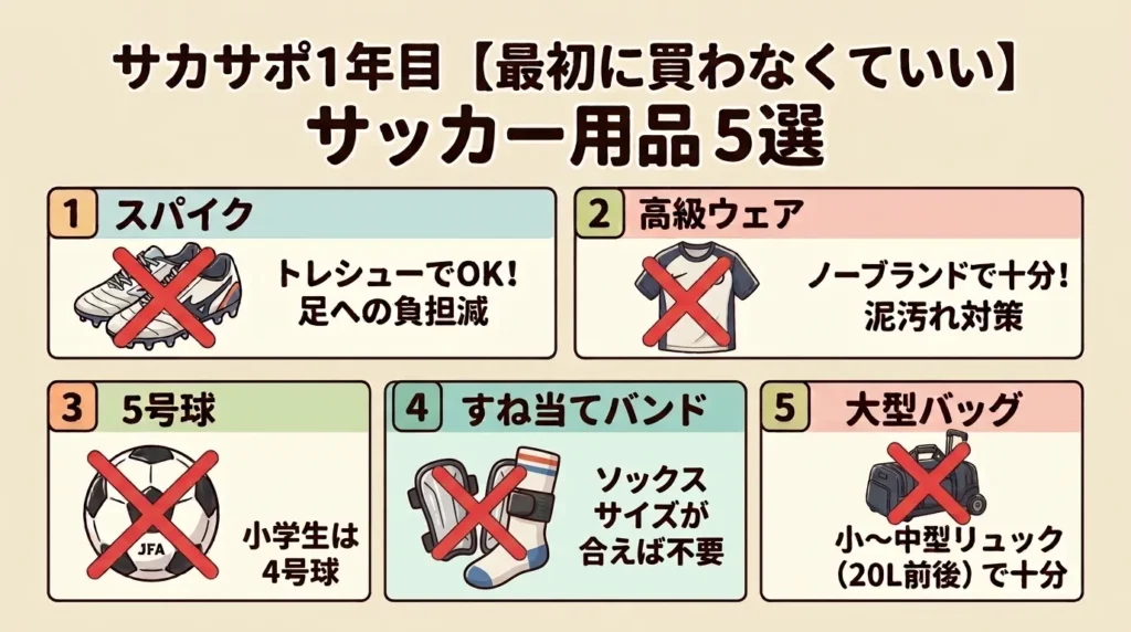 サカサポ1年目に最初に買わなくていいサッカー用品5選(スパイク・高級ウェア・5号球・すね当てバンド・大型バッグ)の比較図解
