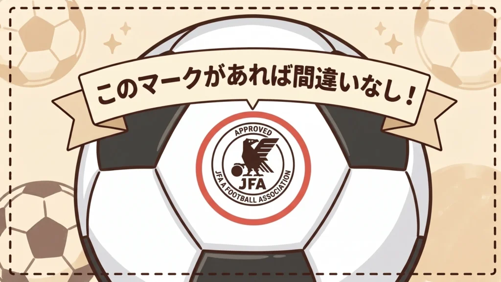「このマークがあれば間違いなし!」という手描き風リボンタイトルの下に、サッカーボール表面の「JFA検定球マーク(JFA APPROVEDスタンプ)」が大きく拡大して描かれ、赤い手描き風サークルで囲まれている図解。背景は柔らかいクリーム色の手描き風デザイン。