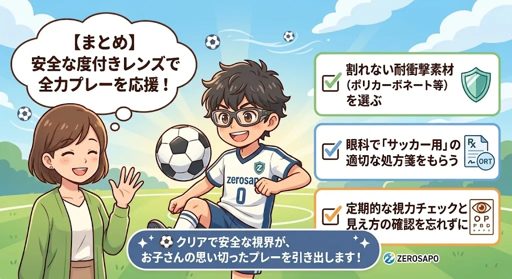 まとめ・安全な度付きレンズで全力プレーを応援!として、スポーツメガネを着用した男の子がグラウンドで笑顔でサッカーボールを保持し、脇で見守る母の場面。3大要点チェックリスト(①割れない耐衝撃素材、②眼科での適切な処方箋、③定期的な視力チェック)と応援メッセージを掲載した少年サッカーブログ用まとめ図解画像。