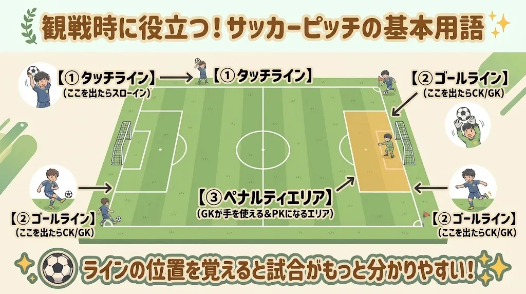 サッカーピッチの基本用語を俯瞰図で解説するイラスト図解。「観戦時に役立つ!サッカーピッチの基本用語」という見出し。緑色のピッチ上に矢印とラベルがあり、左右の長い線を「① タッチライン(ここを出たらスローイン)」、ゴール側の短辺の線を「② ゴールライン(ここを出たらCK/GK)」、ゴール前の大きな四角いエリアを「③ ペナルティエリア(GKが手を使える&PKになるエリア)」と紹介している。下部に「ラインの位置を覚えると試合がもっと分かりやすい!」のバッジ。