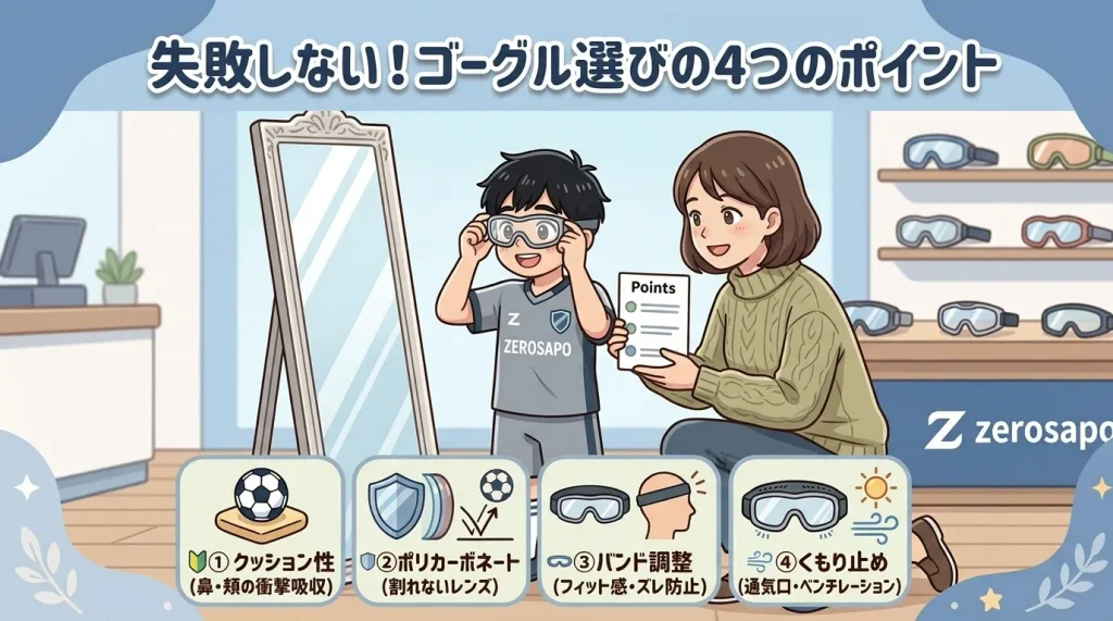 「失敗しない!ゴーグル選びの4つのポイント」というタイトルと、眼鏡店で親と一緒にスポーツゴーグルを試着している様子の図解画像。