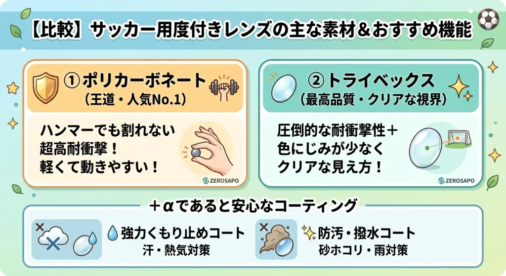 【比較】サッカー用度付きレンズの主な素材&おすすめ機能」として、2大レンズ素材(①ポリカーボネート=超高耐衝撃・軽量、②トライベックス=圧倒的な耐衝撃・クリアな視界)と、追加したい快適コーティング(くもり止め・防汚撥水)の要点を比較・解説した少年サッカーブログ用図解画像。