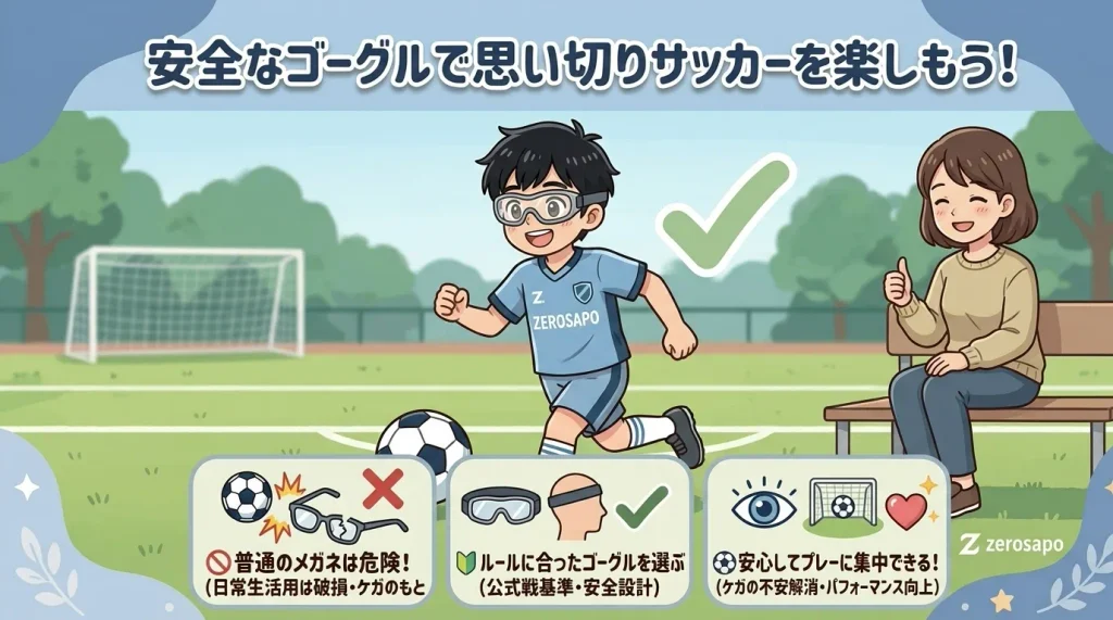 「安全なゴーグルで思い切りサッカーを楽しもう!」というタイトルと、スポーツゴーグルを着用して元気にプレーする少年と応援する親の図解画像。