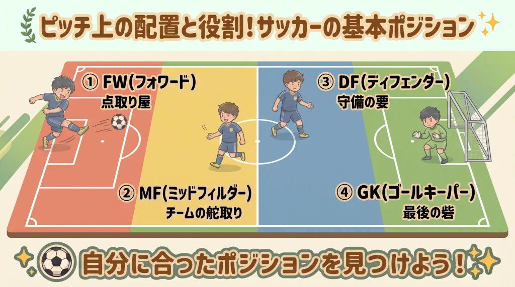 サッカーピッチを4色に色分けしたポジション解説のイラスト図解。「ピッチ上の配置と役割!サッカーの基本ポジション」という見出し。左(前線)から右(ゴール前)へ向かって、①FW(フォワード)点取り屋(赤色エリアでシュートを打つ男の子)、②MF(ミッドフィルダー)チームの舵取り(黄色エリア)、③DF(ディフェンダー)守備の要(青色エリア)、④GK(ゴールキーパー)最後の砦(緑色エリアで構えるキーパー)を配置。下部に「自分に合ったポジションを見つけよう!」のバッジ。