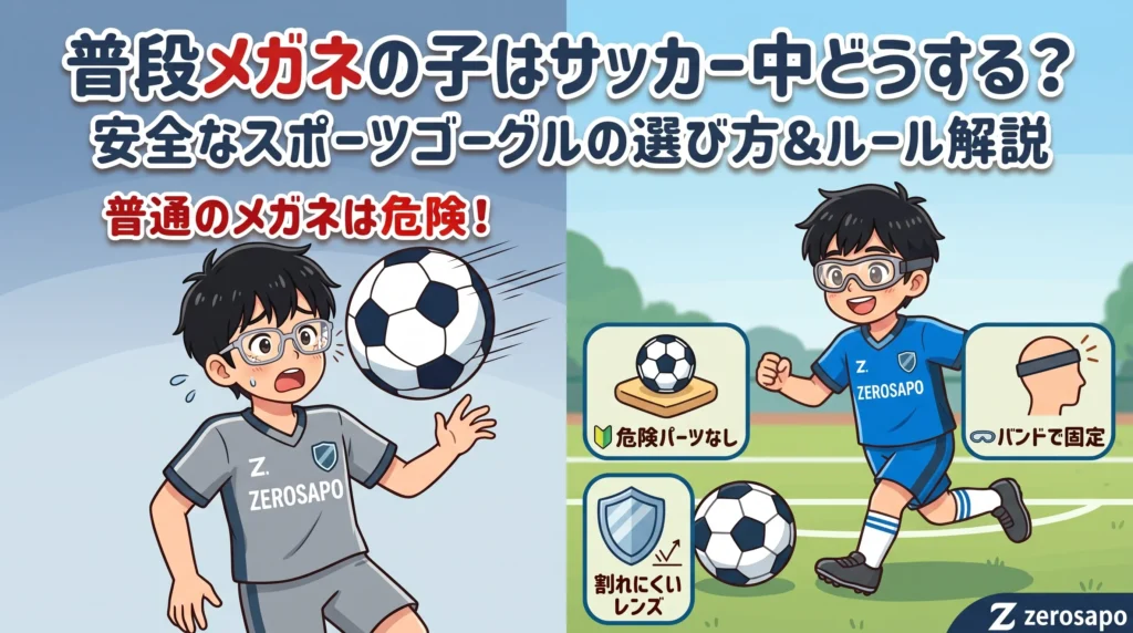 「普段メガネの子はサッカー中どうする?安全なスポーツゴーグルの選び方&ルール解説」というタイトルと、普通のメガネのリスク(左)とスポーツゴーグルの安全基準(右)を対比した図解画像。