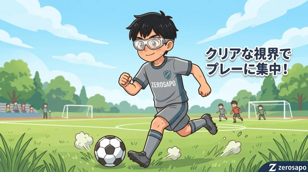 「クリアな視界でプレーに集中!」というテキストと、晴れたサッカーグラウンドで曇りのないスポーツゴーグルを着用し、活き活きとボールを追いかけて走る男の子のイラスト画像。
