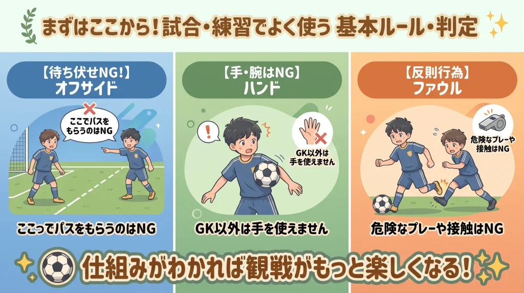 少年サッカーのルール・コート用語を解説する3分割のイラスト図解。「まずはここから!試合・練習でよく使う 基本ルール・判定」という見出し。左の青色パネルは「【待ち伏せNG!】オフサイド」として、ディフェンダーの背後にいる攻撃選手(待ち伏せ状態)と「ここでパスをもらうのはNG」の吹き出し。中央の緑色パネルは「【手・腕はNG】ハンド」として、ボールが腕に当たって驚く男の子と「GK以外は手を使えません」の説明文。右の橙色パネルは「【反則行為】ファウル」として、接触して転びそうになっている様子と審判の笛のイラスト。下部に「仕組みがわかれば観戦がもっと楽しくなる!」のバッジ。
