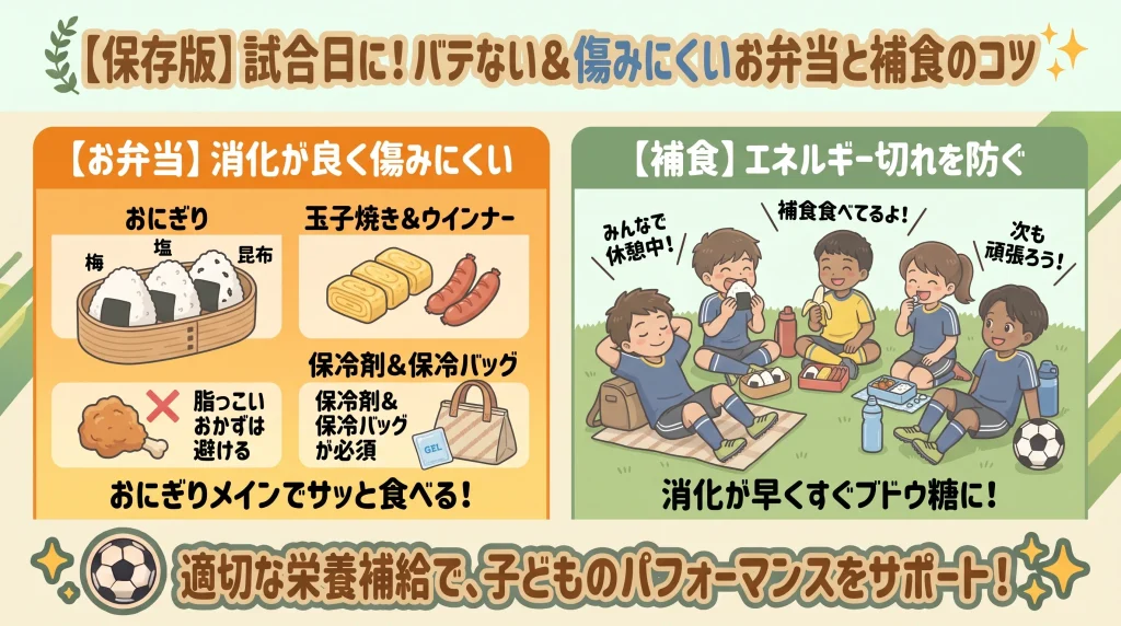 少年サッカーの試合日におけるお弁当と補食のコツをまとめたイラスト図解。「【保存版】試合日に!バテない&傷みにくいお弁当と補食のコツ」という見出し。左側のお弁当ゾーン(オレンジ色)は「消化が良く傷みにくい」で、梅・塩・昆布のおにぎり、玉子焼き、ボイルウインナー、揚げ物NG(赤❌)、保冷剤&保冷バッグ。右側の補食ゾーン(緑色)は「エネルギー切れを防ぐ」で、グラウンドの合間にみんなでシートに座り、おにぎりやゼリー飲料、バナナを食べて休憩している子どもたちのイラスト。下部に「適切な栄養補給で、子どものパフォーマンスをサポート!」のバッジ。