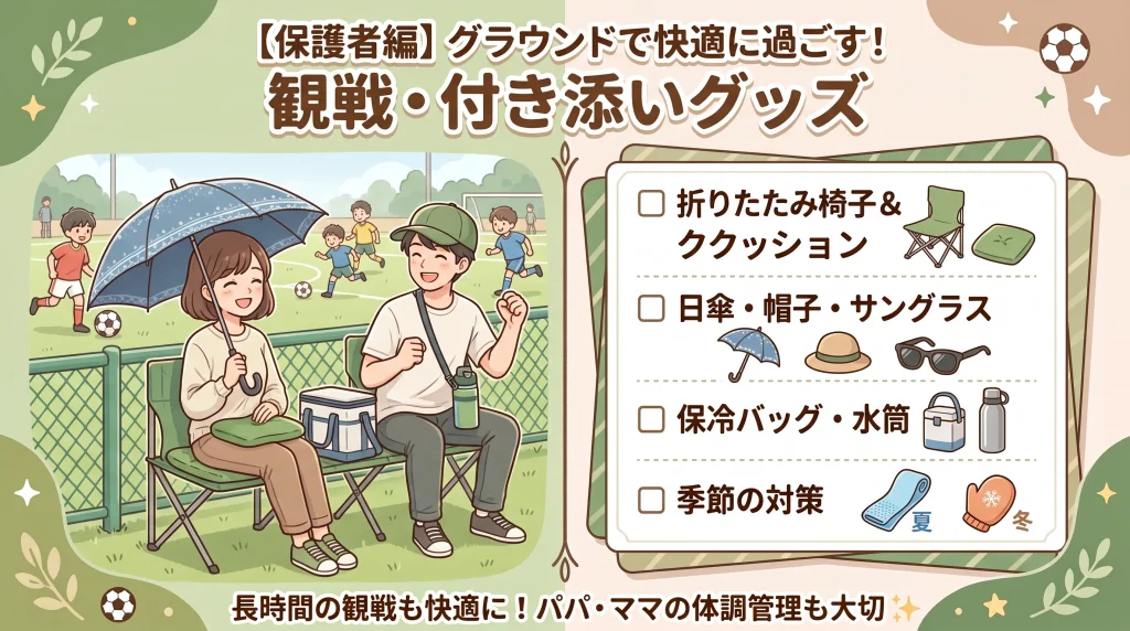 少年サッカーの保護者向け観戦グッズをまとめたイラスト図解。「【保護者編】グラウンドで快適に過ごす!観戦・付き添いグッズ」という見出し。左側に観客席のフェンス越しに日傘やクッション、折りたたみ椅子を使って快適に試合を観戦する両親のイラスト。右側に快適グッズ一覧(折りたたみ椅子&クッション、日傘・帽子・サングラス、保冷バッグ・水筒、季節の対策)。下部に「長時間の観戦も快適に!パパ・ママの体調管理も大切」のバッジ。