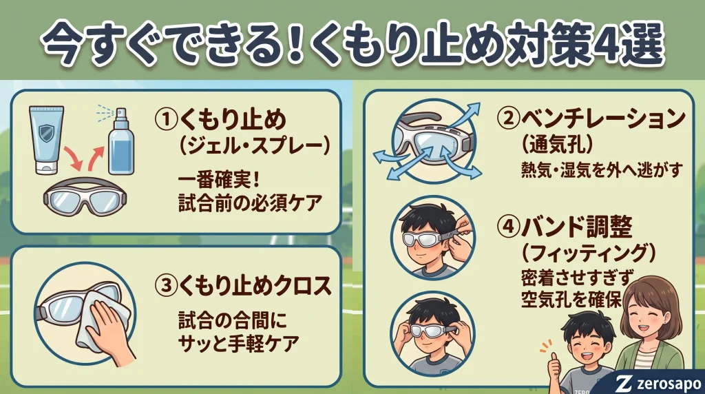 「今すぐできる!くもり止め対策4選」というタイトルと、スポーツゴーグルのくもりを防止する4つの方法(①くもり止めジェル・スプレー ②ベンチレーション ③くもり止めクロス ④バンド調整)をまとめた図解画像
