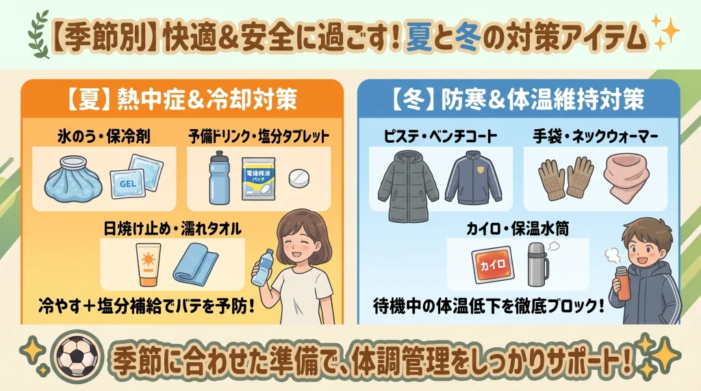 少年サッカーの夏と冬の対策グッズを対比したイラスト図解。「【季節別】快適&安全に過ごす!夏と冬の対策アイテム」という見出し。左側の夏ゾーン(オレンジ色)は熱中症&冷却対策で、氷のう、保冷剤、予備ドリンク、塩分タブレット、日焼け止め、濡れタオル。右側の冬ゾーン(青色)は防寒&体温維持対策で、ピステ、ベンチコート、手袋、ネックウォーマー、カイロ、保温水筒。下部に「季節に合わせた準備で、体調管理をしっかりサポート!」のバッジ。