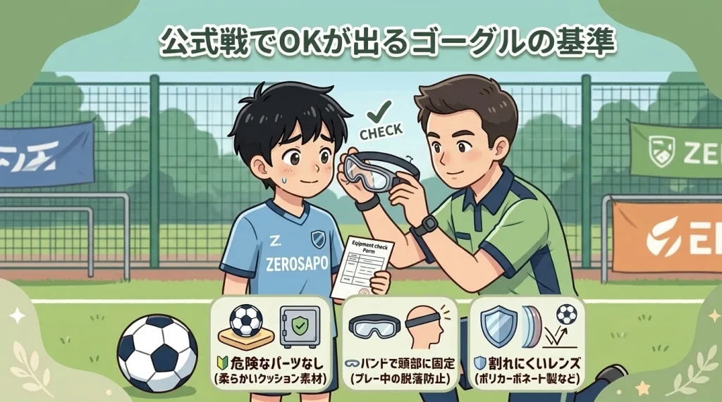 「公式戦でOKが出るゴーグルの基準」というタイトルと、サッカーグランドで審判が少年のスポーツゴーグルをチェックしている様子の図解画像。