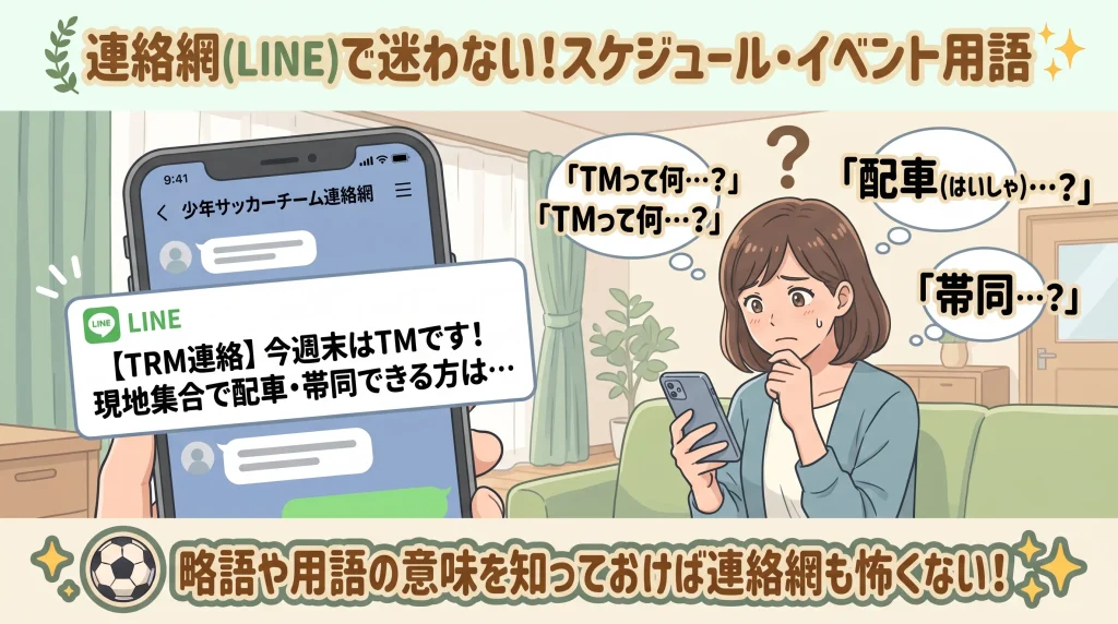 連絡網の用語に戸惑う保護者のイラスト図解。「連絡網(LINE)で迷わない!スケジュール・イベント用語」という見出し。左側に「今週末はTMです!現地集合で配車・帯同できる方は…」と届いたスマホのLINE画面。右側にスマホを持ちながら「TMって何…?」「配車…?」「帯同…?」と頭の上にハテナを浮かべて困っているお母さんのイラスト。下部に「略語や用語の意味を知っておけば連絡網も怖くない!」のバッジ。