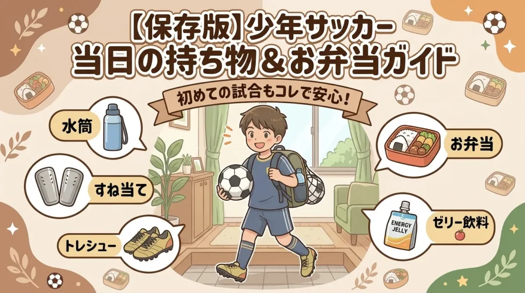 「【保存版】少年サッカー 当日の持ち物&お弁当ガイド」というタイトルと「初めての試合もコレで安心!」のリボンバッジが書かれたアイキャッチ画像。中央にサッカーリュックを背負いボールを持って元気に玄関を出発する男の子のイラスト。左側に水筒・すね当て・トレシュー、右側に会話風お弁当・ゼリー飲料のアイコンを配置したナチュラルなデザイン。