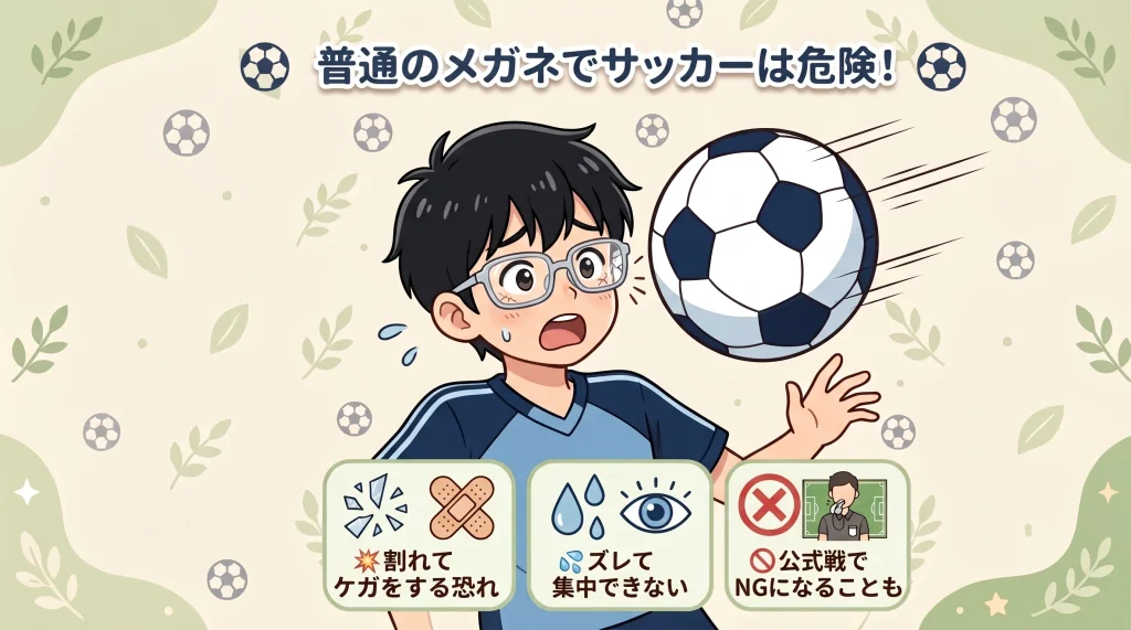 「普通のメガネでサッカーは危険!」というタイトルと、ボールが当たってメガネが破損するリスク、ズレるリスク、公式戦NGのリスクをアイコンで説明する図解画像。