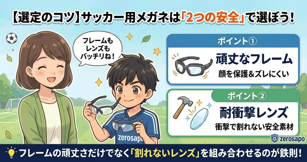 「【選定のコツ】サッカー用メガネは『2つの安全』で選ぼう!」として、親子が笑顔でスポーツメガネを選んでいる場面と、2大チェックポイント(①頑丈なフレーム、②耐衝撃レンズ)の要点を解説した少年サッカーブログ用図解画像。柔らかいアニメ調。