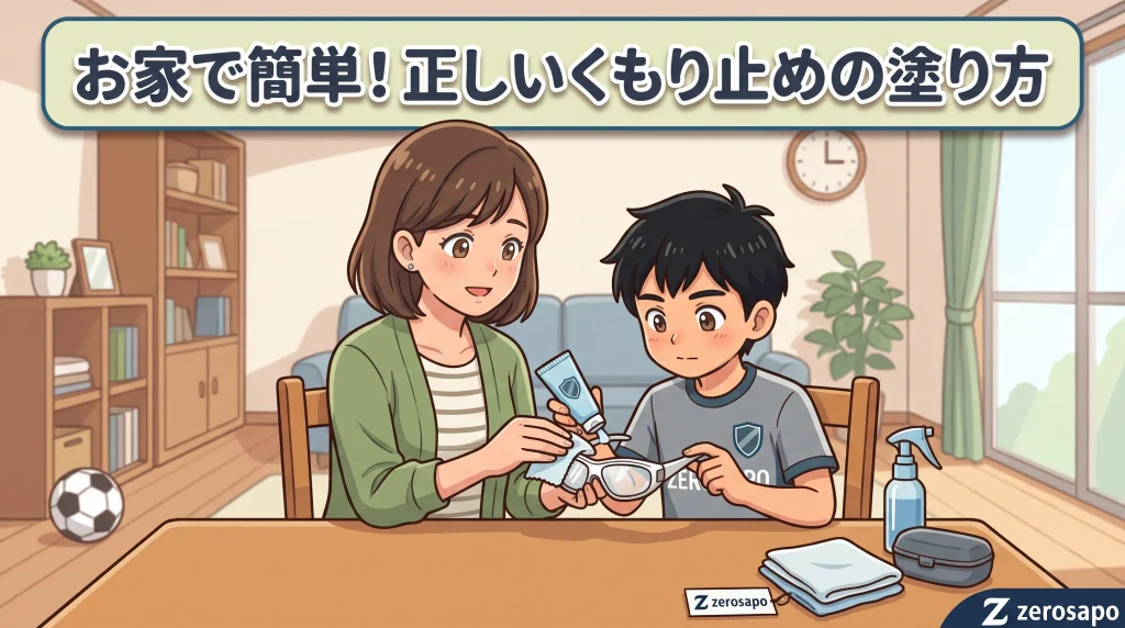 「お家で簡単!正しいくもり止めの塗り方」というタイトルと、自宅のリビングで母親と男の子が一緒にスポーツゴーグルへ丁寧にくもり止めを塗って準備をしているイラスト画像。