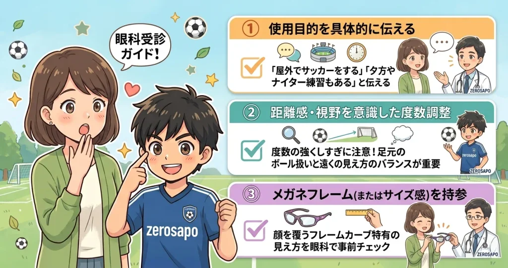 「【眼科受診ガイド】サッカー用処方箋をもらう3つのコツ」として、親子が眼科スタッフと相談している場面と、受診時の3大チェックポイント(①使用目的を具体的に、②距離感・視野を考慮した度数、③フレーム持参)の要点を解説した少年サッカーブログ用図解画像。柔らかいアニメ調。