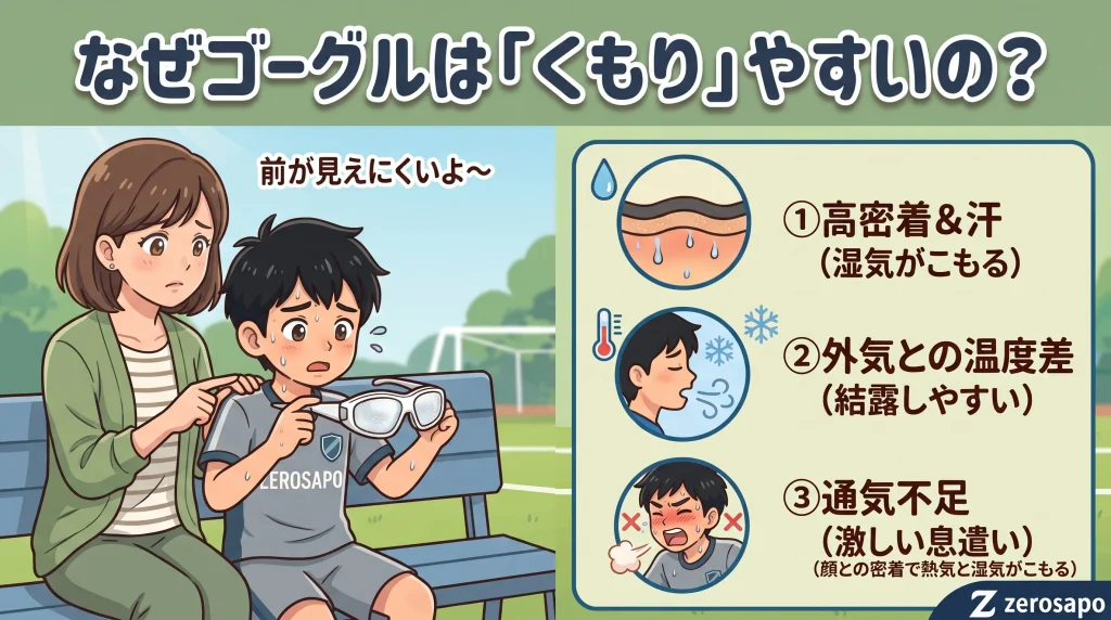 「なぜゴーグルは『くもり』やすいの?」というタイトルと、サッカーのハーフタイムにゴーグルの曇りで困る親子、およびゴーグルが曇る3つの原因(①高密着&汗 ②外気との温度差 ③通気不足)を解説した図解画像。