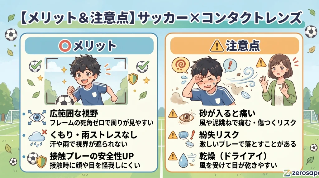 「【チェックリスト】小学生のコンタクト開始の目安」として、手洗い、自分で着脱、SOS報告、ルール遵守の4つの条件をアイコンとテキストで解説する少年サッカーブログ用図解画像。