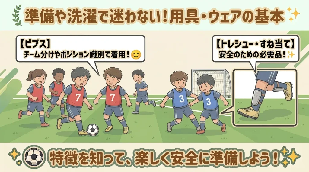 サッカーの用具とウェアを解説するイラスト図解。「準備や洗濯で迷わない!用具・ウェアの基本」という見出し。グラウンドで赤や青のビブスを着て練習する子どもたちを描き、「【ビブス】チーム分けやポジション識別で着用!」の吹き出し。右側にはすね当て(シンガード)とトレシューを付けた足元のズームイラストと「【トレシュー・すね当て】安全のための必需品!」の吹き出し。下部に「特徴を知って、楽しく安全に準備しよう!」のバッジ。