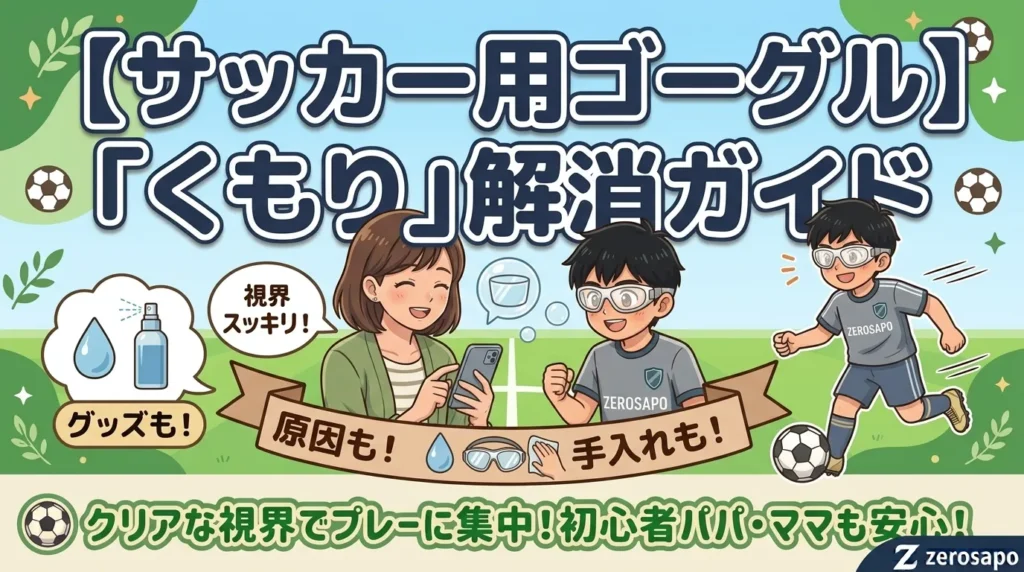 「【サッカー用ゴーグル】『くもり』解消ガイド」というタイトルと、笑顔の母親とスポーツゴーグルを付けた男の子、対策グッズのイラストが描かれたブログ記事のアイキャッチ画像。